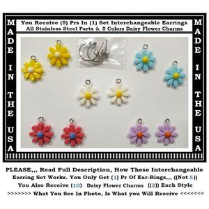 5/$20 Daisy Flowers Interchangeable Charm Earrings-5 Pairs in Set